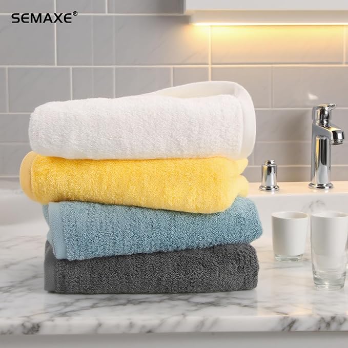SEMAXE Bathroom Hand Towel, 100% Cotton Towels with Hanging Loops, Hotel Spa Quality Highly Absorbent Towel Set of 4, 27" L x 16" W, Blue Hand Towel, Gift Box Packaging