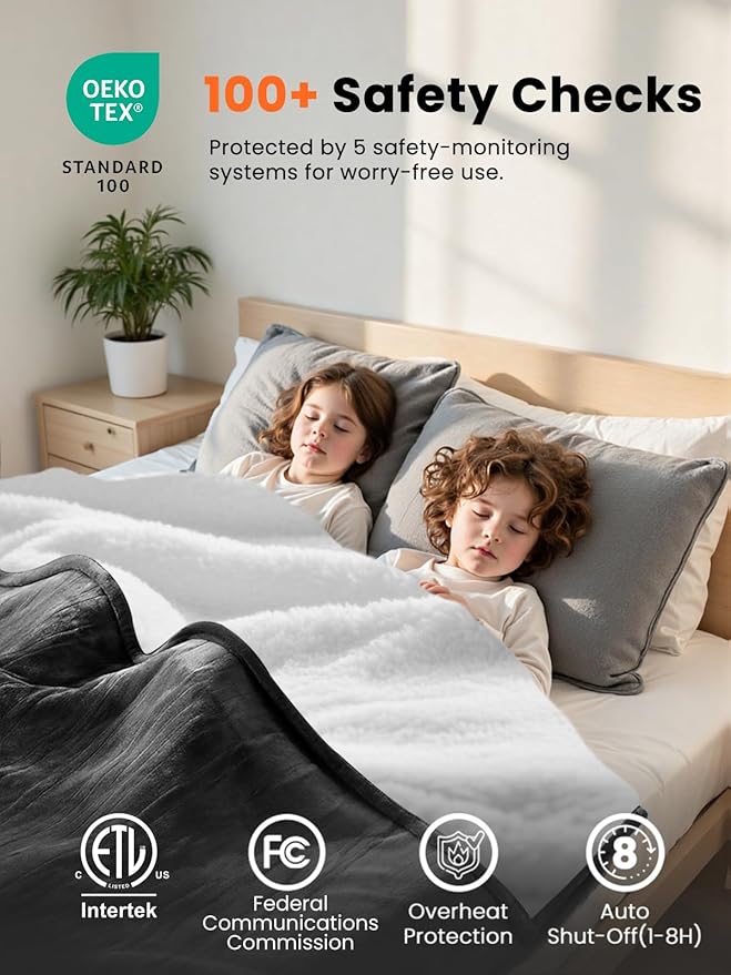 Electric Heated Blanket Twin, Ultra‑Cozy Premium Flannel & Sherpa, Even Heat Distribution & Stable Temp, 1–10H Auto‑Off, 8 Temps (86–125.6°F), Overheat Protection, Ideal Gifts for Grandma