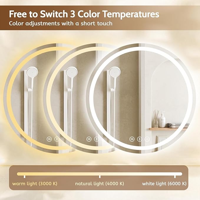 Round LED Bathroom Mirror with Lights, Backlit & Front Lighted, Wall-Mounted Vanity Mirror 3000K/4000K/6000K, Memory Functions, Anti-Fog, Dimmable Smart Mirror (Round 28" x 28")