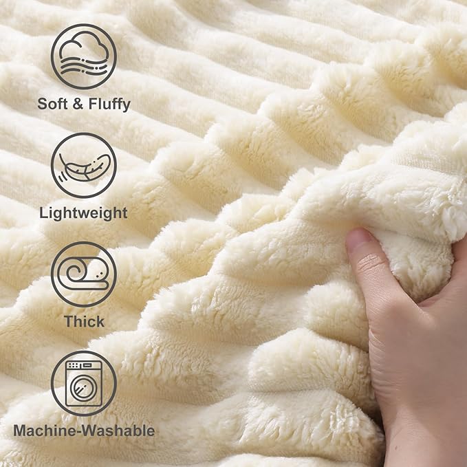 decorUhome Christmas Soft Fleece Beige Blanket Queen Size for Bed, Cozy Fluffy Plush Flannel Large Striped Throws for Couch Sofa, Lightweight Decorative Fuzzy Blanket for Woman, 90x90 Inches