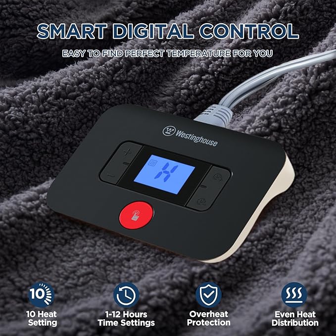 Westinghouse Electric Blanket Twin Size, Soft Plush Sherpa Heated Blanket with 10 Heating Levels & 1-12 Hours Auto-Off, Machine Washable, 62x84 inches, Darkgrey