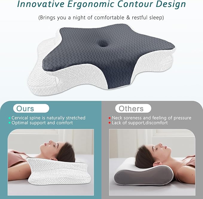 Cervical Pillow for Neck Pain Relief, Memory Foam Pillow, Ergonomic Contour Bed Pillow, Soft for Side Sleep Stomach Sleeping and Back Sleepers
