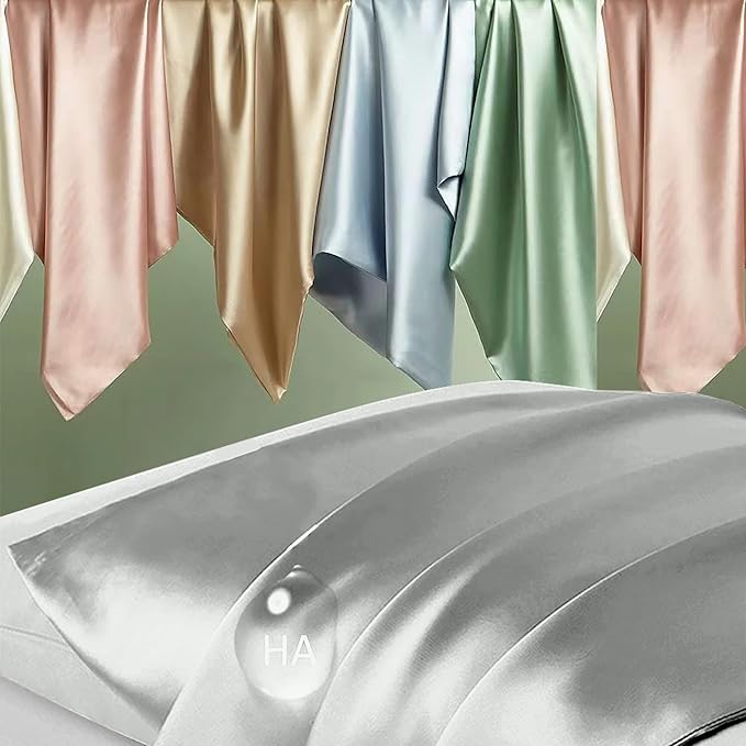 Silk Pillow Cases 2 Pack, Mulberry Silk Pillowcases Standard Set of 2, Smooth, Anti Acne, Both Sides Natural Silk Satin Pillow Cases for Sleeping Women 2 Pack with Zipper, Silver Grey