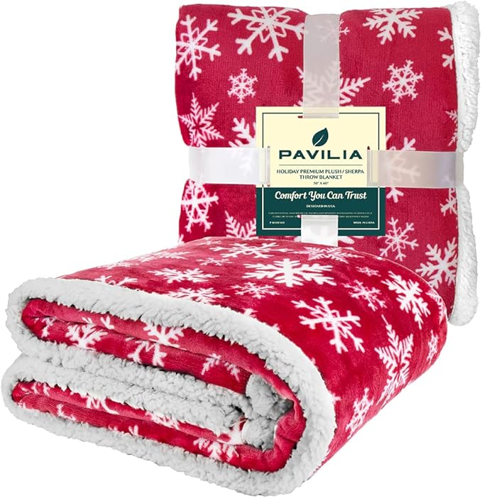 PAVILIA Premium Christmas Sherpa Throw Blanket | Red Snowflake Decoration, Fleece, Plush, Warm, Cozy Reversible Microfiber Holiday Blanket 60 x 80 Inches