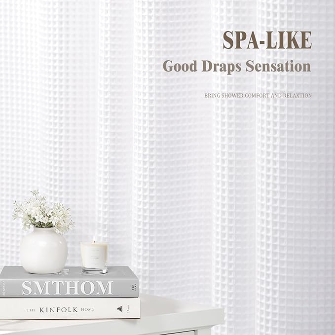 Waffle Weave Shower Curtain - White Cotton Fabric Texture Heavyweight Shower Curtain for Bathroom,Washable,72Wx75L