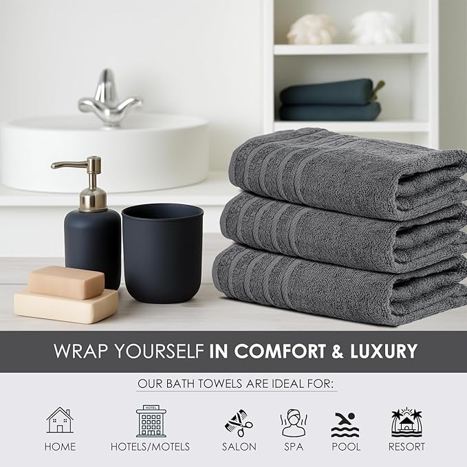 TOALLA_ Bath Towels_30x60_Pk 6_Dark Grey Bath Towels (6-Pack, 30W X 60 L Inches) Dark Grey Color- Cotton Towel for Gym, Bath, Spa, Shaving, Shampoo, for Daily use, Large