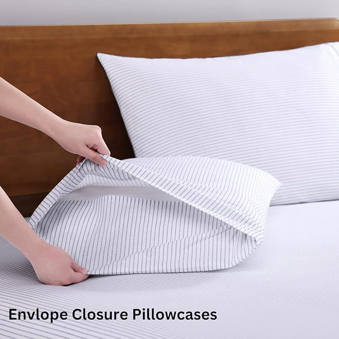 LANE LINEN 100% Organic Cotton Twin XL Sheets Set 3-Piece Pure Percale Bedsheets Bedding Breathable Fits Mattress Upto 15" Deep - Blue Ticking Stripe
