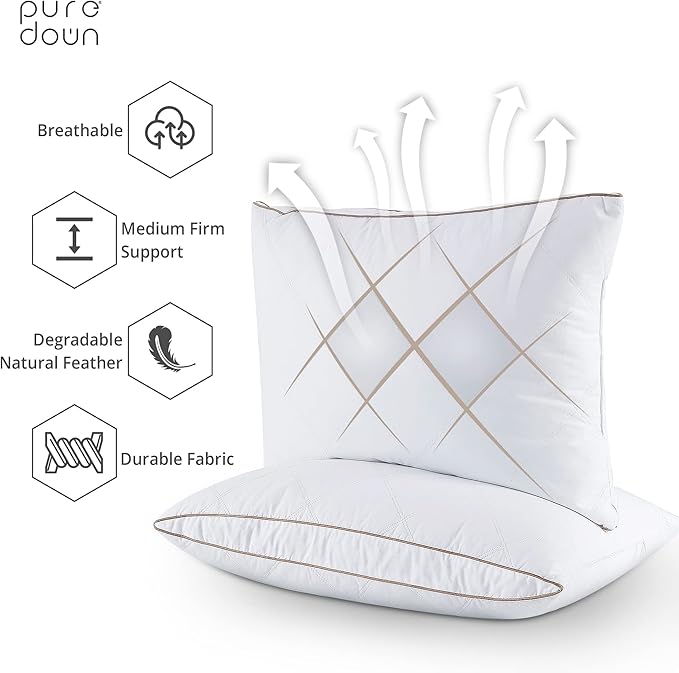 puredown® Natural Goose Down Feather Pillows for Sleeping Oval Gusseted Feather Down Pillow 100% Cotton Pillow Cover with Leaf Quilting King Set of 2