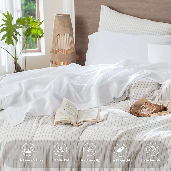 MooMee Bedding Sheet Set 100% Washed Cotton Linen Like Textured Breathable Durable Soft Comfy (Solid Bright White, Twin)