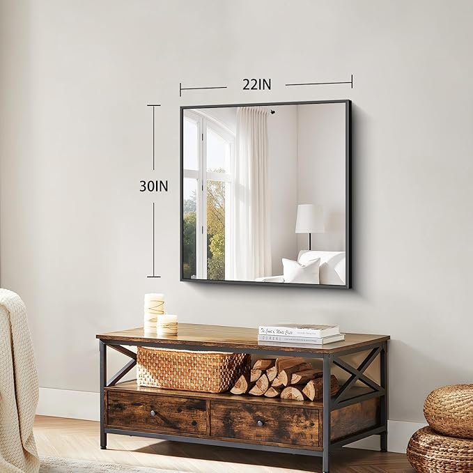 Koonmi Black Framed Bathroom Mirror - Shatterproof 30"x22" Tempered Glass, HD No Distortion, Horizontal/Vertical Mount, Modern Matte Aluminum Alloy Frame