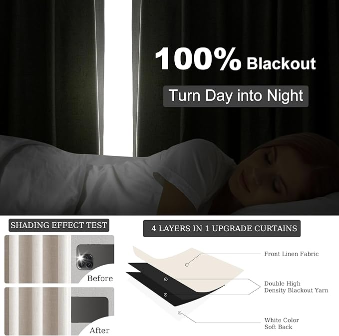 Topfinel 90 Inches Long Full Blackout Linen Curtains for Bedroom, Oatmeal Pinch Pleated Sound Block Curtains, Beige Decorative Elegant Farmhouse Lined Drapes 2 Panels Set for Living Room Sliding Door