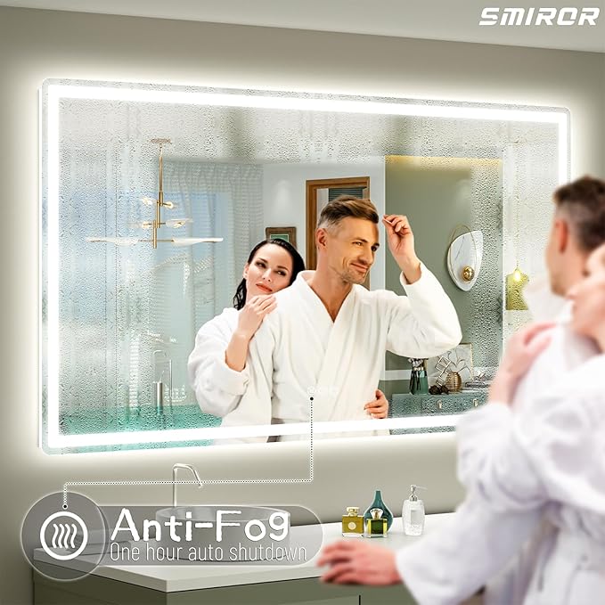 SMIROR LED Bathroom Mirror with Lights 55"x 40", Rounded Rectangle Lighted Vanity Mirror for Wall, Front Lit and Backlit, 3 Colors, Dimmable, Anti-Fog, Tempered Glass (Horizontally/Vertically)