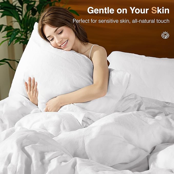 SONORO KATE 100% French Linen Duvet Cover Queen Size, Soft Breathable for Hot Sleepers, Moisture Wicking & Durable Cover Set - Zipper Closure & 4 Corner Ties Duvet Covers 3 Piece (White,Queen)