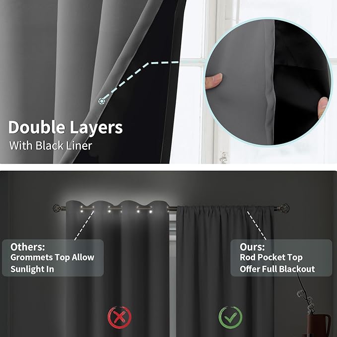 BGment 100% Blackout Curtains for Bedroom 63 Inch Length 2 Panels, Thermal Insulated Room Darkening Curtains Rod Pocket Soundproof Bedroom Living Room Window Curtains, Dove Grey, Each 42 Inch Wide