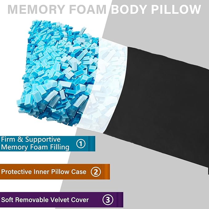 Body Pillow, Memory Foam Body Pillows for Adults Sleeping, Long Pillow for Bed, Big Large Firm Full Body Pillow for Side Sleeper, 20x54 Inch, Black