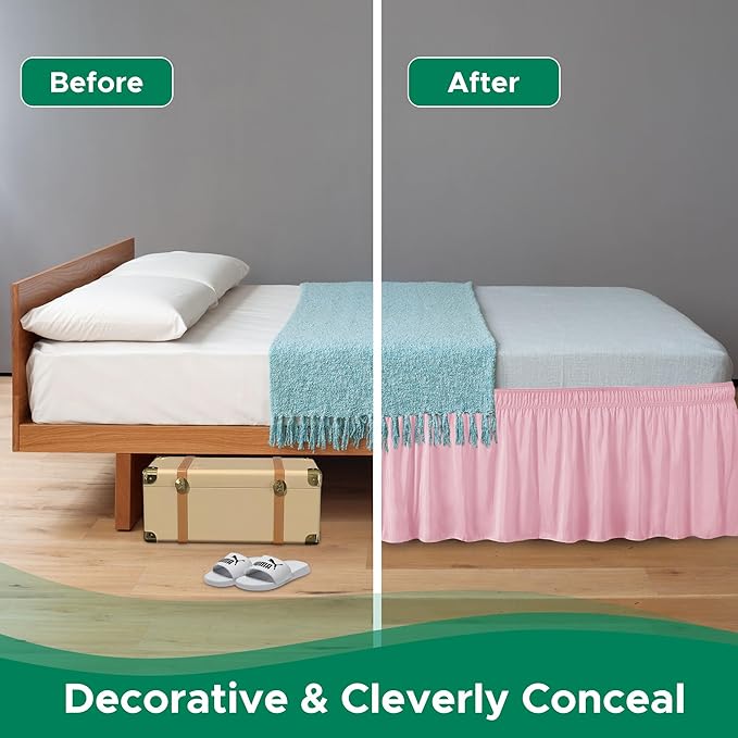 Biscaynebay Wrap Around Bed Skirts for Queen Beds 15" Drop, Pink Adjustable Elastic Dust Ruffles Easy Fit Wrinkle & Fade Resistant Silky Luxurious Fabric Machine Washable