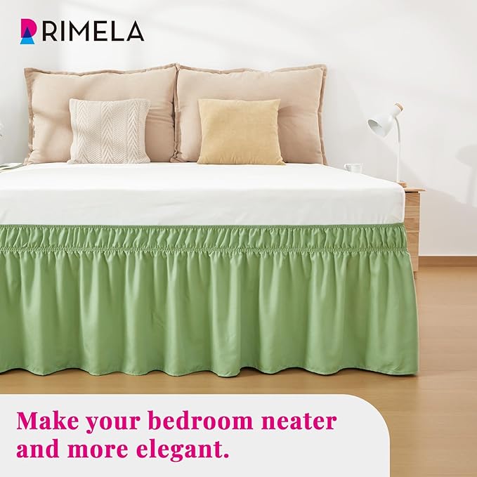 RIMELA Light Green Bed Skirt King Size 15 Inch Drop, Elastic Bed Skirting for Bed Base and Frame, Bedding Dust Ruffle Easy to Install, Lightweight Wrap Around Adjustable Bedskirt