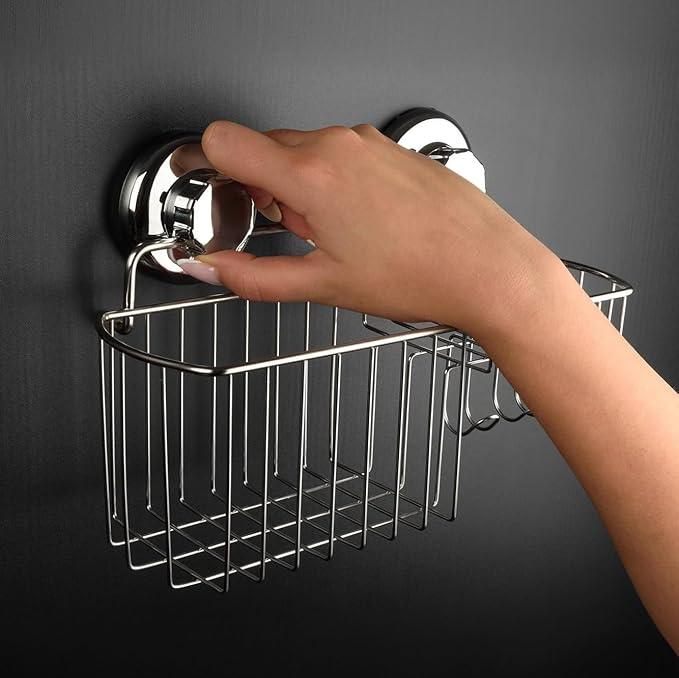 HASKO Suction Cup Shower Caddy Basket for Shampoo, Shower Suction Shelf Organizer, Basket with Soap Holder and Hooks, Stainless Steel Shampoo Holder for Bathroom Storage (Chrome)