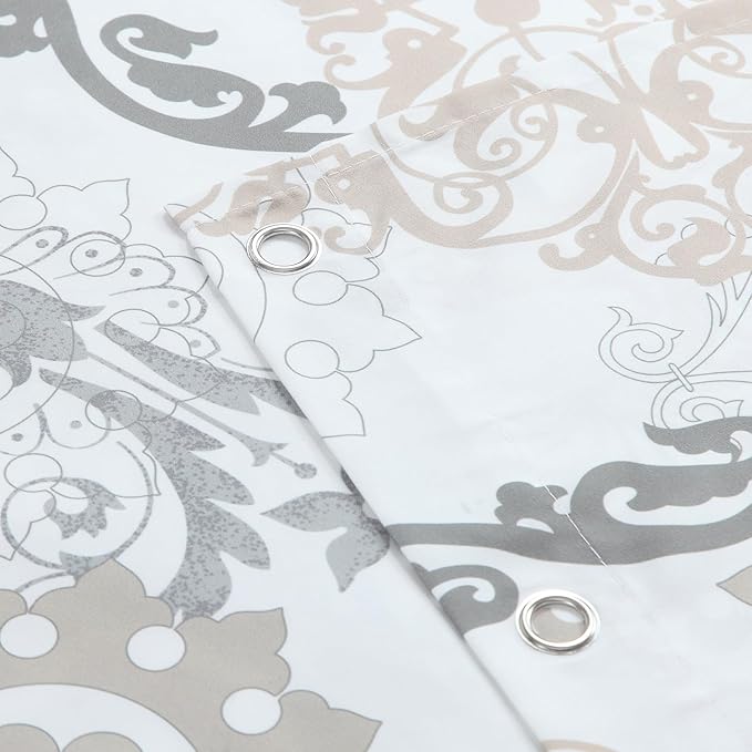 Fabric Shower Curtain, White and Beige Boho Damask Print Shower Curtains for Bathroom, 72" W x 72" H