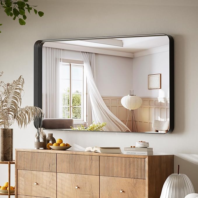 VooBang Bathroom Mirror 30x48 inch, Black Gorgeous Deep Frame Wall Mirror, Modern Round Corner Bathroom Vanity Mirror for Bedroom, Living Room, Hanging or Leaning Horizontal or Vertical, Black