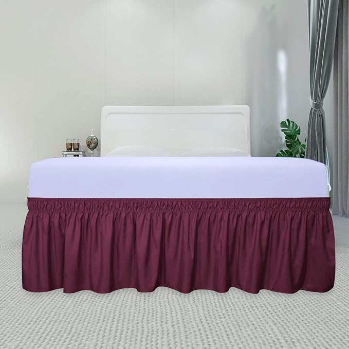 PureFit Wrap Around Ruffled Bed Skirt with Adjustable Elastic Belt - 18 Inch Drop Easy to Put On, Wrinkle Free Bedskirt Dust Ruffles, Bed Frame Cover for Queen, King and C-King Size Beds, Wine