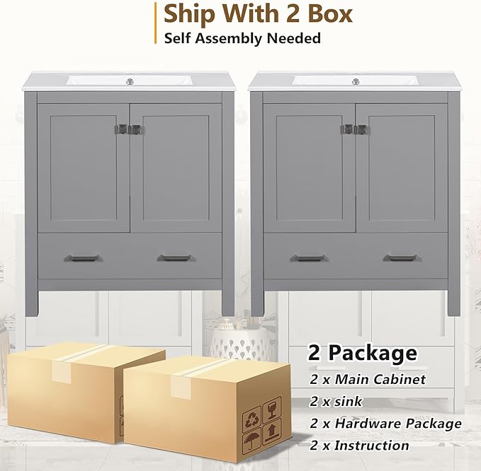 60" Bathroom Vanity Set with Double Vanities, Double Ceramic Sinks, Storage Shelf, Soft Closing Doors, Divided Drawers (Mirror not Included), Large Bathroom Vanity Sink Set (Grey)