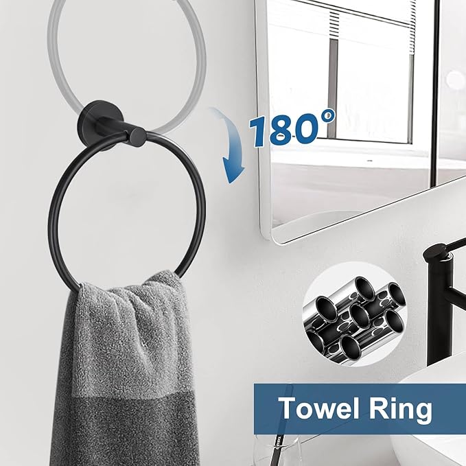 5 Pieces Matte Black Round Towel Bar Set Bathroom Hardware Accessories Set Upgraded Toilet Paper Holder Towel Racks Set for Bathroom Stainless Steel Wall Mounted 23.6 in