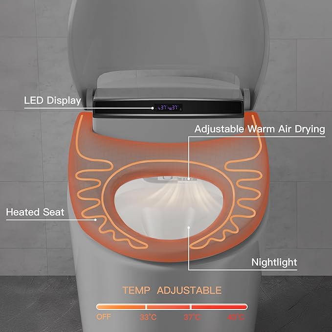 Smart Toilet, Heated Toilet Seat with Nightlight, One Piece Toilet for Bathroom, Tankless Toilets for Bathroom with Foot Sensor, LED Display, Warm Water and Dry, Remote Control