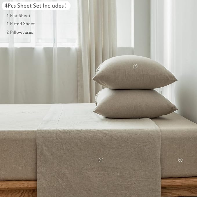 MooMee Bedding Sheet Set 100% Washed Cotton Linen Like Textured Breathable Durable Soft Comfy (Heathered Khaki, Queen)