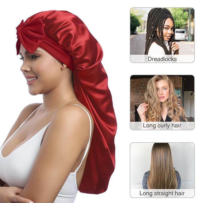 AWAYTR Long Satin Bonnet for Women - Double Layer Elastic Silk Bonnet for Braids Hair Sleeping Cap with Tie Band (Wine Red)