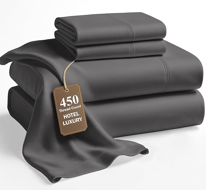 LANE LINEN Bed Sheets Full Size – 450 Thread Count 100% Long Staple Cotton Sheets Full Size, Soft & Fade-Resistant Sateen Weave, 15” Deep Pocket Fully Elasticized Fitted Sheet, Charcoal