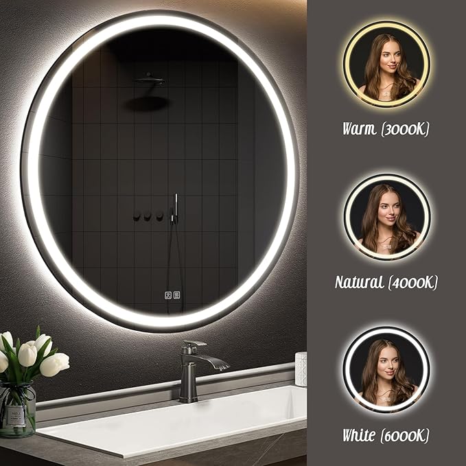 APRILSOUL 36 Inch Round LED Bathroom Mirror with Lights, Makeup Mirror with Front and Backlit, Anti-Fog, 3 Colors and Dimmable Light