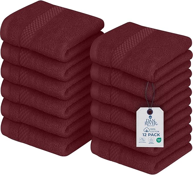DAN RIVER 12-Pack Premium 100% Cotton Pomegranate Face Towels – Reusable Face Towel Set, Soft & Absorbent Luxury Wash Cloths for Bathroom & Body – Hand and Face Towels, 550 GSM (12x12 in)