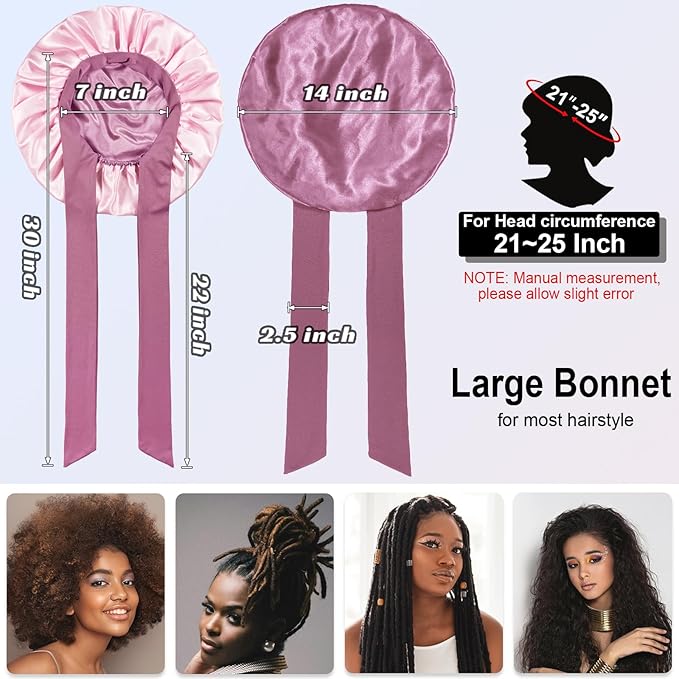 Double Layered Silk Satin Bonnet with Tie for Sleeping Black Women, Wide Band Large Hair Wrap Sleep Cap for Curly Hair Braid