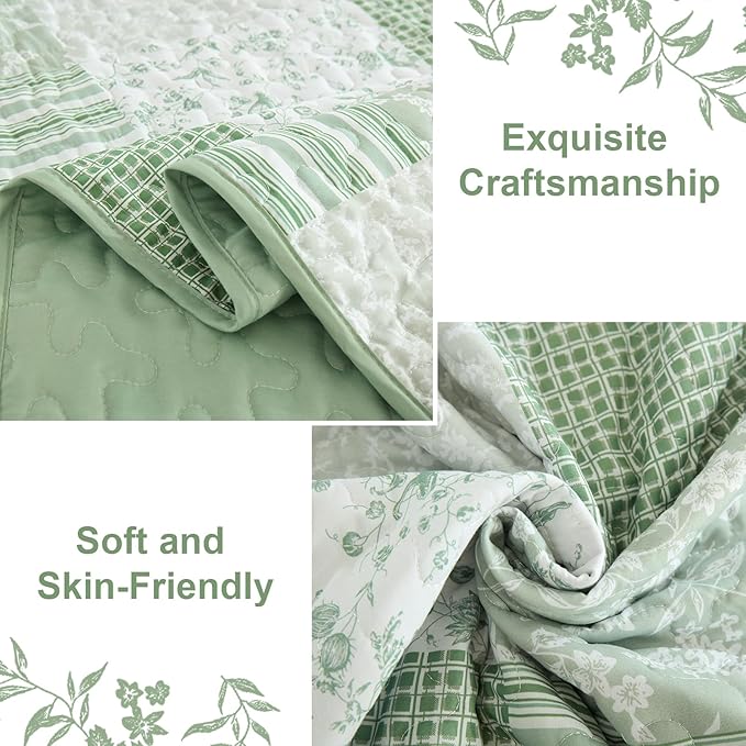 Mybedsoul Light Green Quilt Set Queen Size, 3 Pieces Plaid Floral Bedspread Set Patchwork Reversible Bedding Set Microfiber Lightweight Bedspread Coverlet Set for All Season 96"x90"