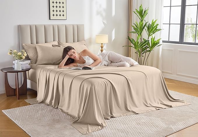 Pure Bamboo California King Sheets, Genuine 100% Organic Viscose Derived from Bamboo Bed Sheet Set, Soft & Cooling, Double Stitching, Lifetime Quality Promise (California King, Almond)