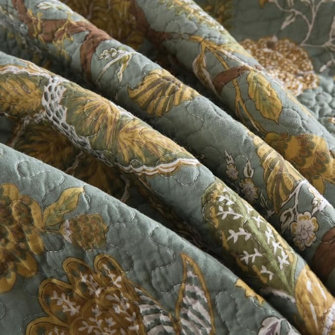 Cotton Bedspread Bedding Coverlet Quilt Sets, Reversible Vintage Branch Floral Bedspread comforters, (Rustic Sage Green Floral Pattern, King Size)