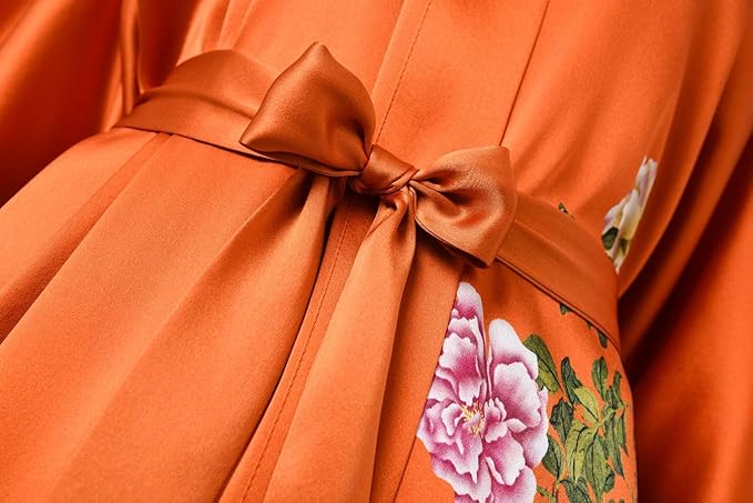 Women's Silk Kimono Robe Long Bathrobe Nightgown 100% Mulberry Silk for Women - Classic Floral Pattern