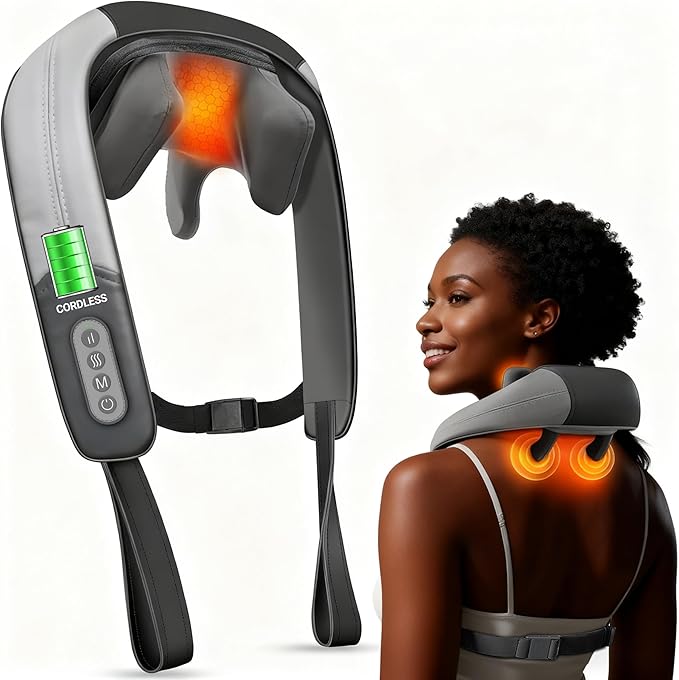 Cordless Neck and Shoulder Massager - Shiatsu Back Massager for Pain Relief Deep Tissue, Electric Rechargeable Cervical Massager with Heat