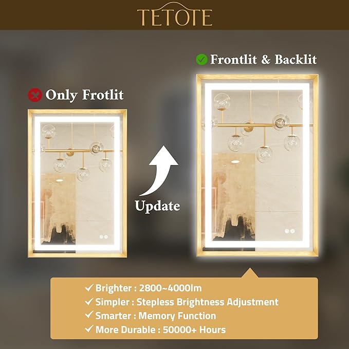 TETOTE 28 x 36 Bathroom LED Mirror Brushed Gold Metal Frame Frontlit & Backlit Vanity Mirror Anti-Fog Stepless Dimmable 3 Colors White/Warm/Natural with Lights Wall-Mounted