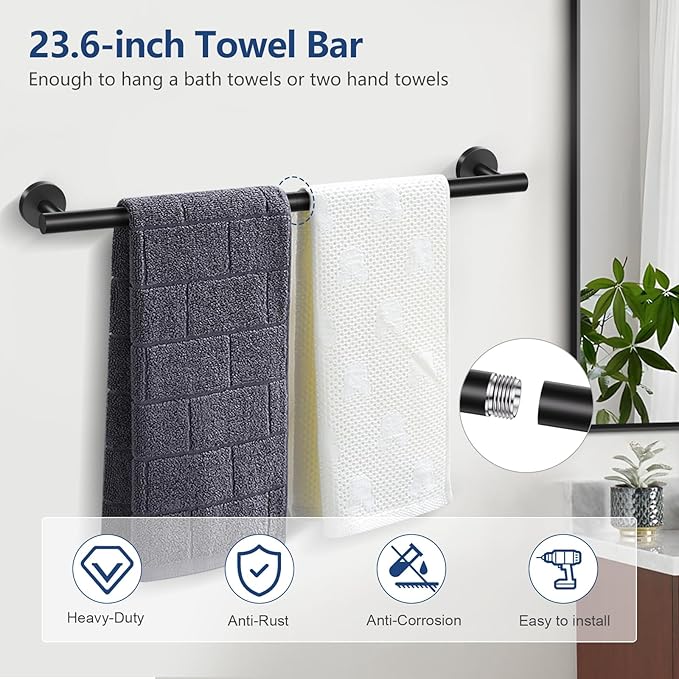 TQKAG Matte Black 5 Piece Bathroom Hardware Accessories Set 23.6" SUS304 Stainless Steel Bathroom Towel Bar Holder Sets Double Post Pivoting Toilet Paper Holder Set Wall Mounted
