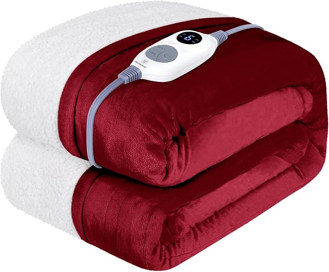 Westinghouse Heated Throw Blanket, Soft Flannel to Sherpa Electric Throw with 6 Heating Levels, 2-10 Hours Time Settings, Fast Heating, Machine Washable 50x60 Inch, Red