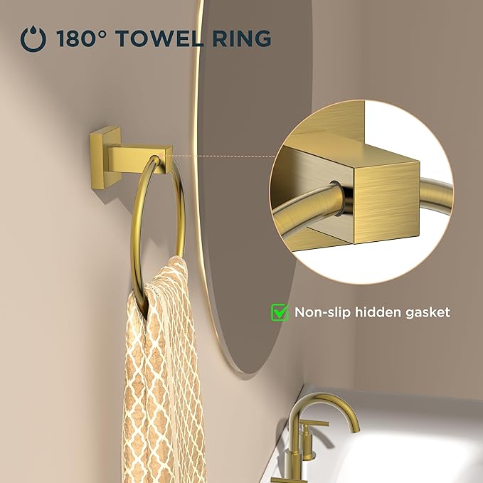 FORIOUS Toilet Paper Holder Wall Mount and Hand Towel Ring Set, SUS 304 Stainless Steel Double Post Pivoting Tissue Roll Holder, Modern Bathroom Hardware Accessories Set, Brushed Gold