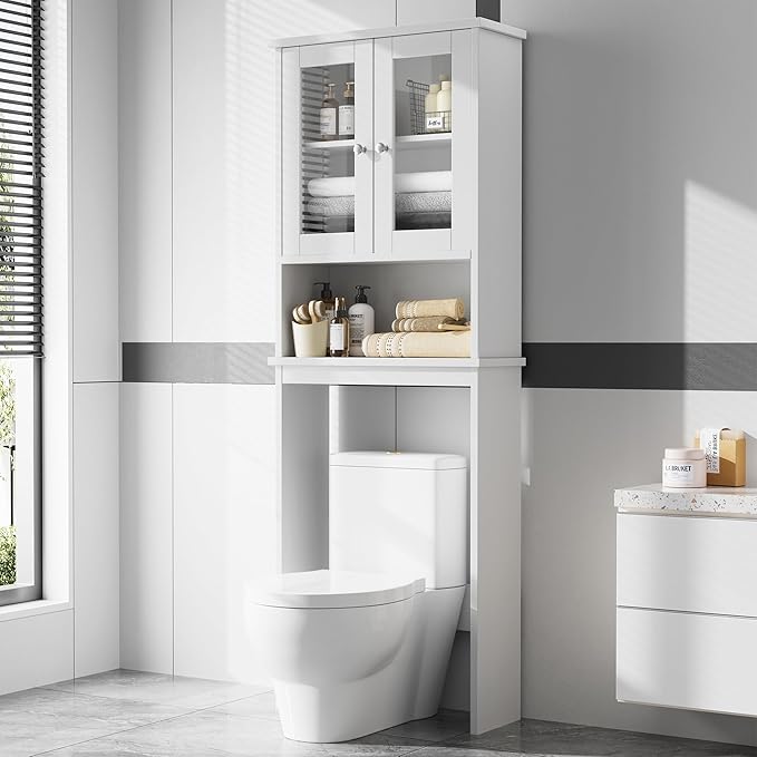 Meilocar Over The Toilet Storage Cabinet, Bathroom Storage Organizer Over Toilet with Glass Doors, Over Toilet Cabinet for Bathroom, Laundry Room, White