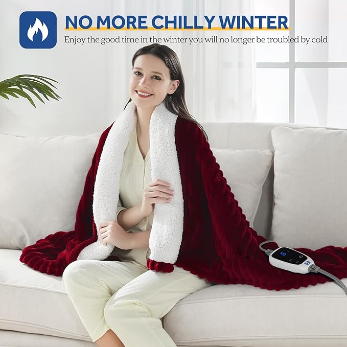 SEALY Heated Blanket Electric Throw, 50"x60" Heating Blanket Throw, 6 Heat Levels & 2-10 Hours Auto-Off Over-Heat Protection, Ribbed Flannel to Sherpa, Machine Washable, Red