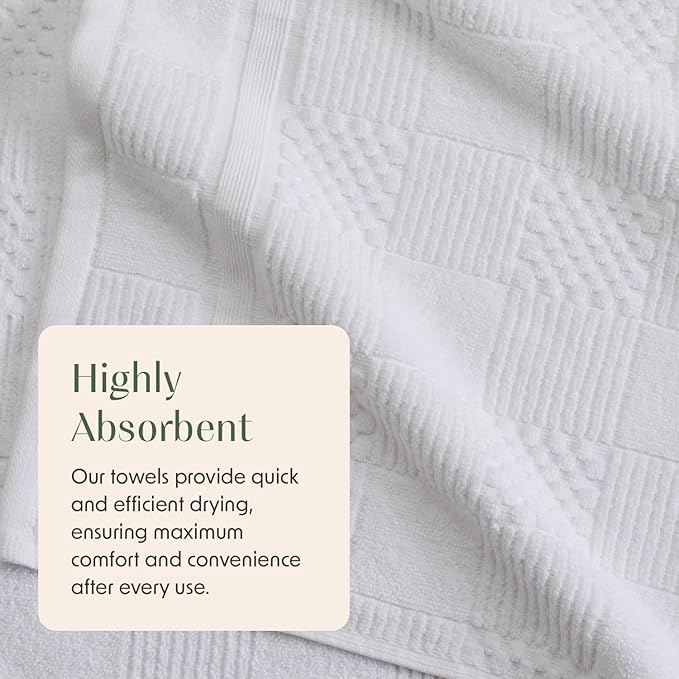 Springtree Home 100% Cotton Bath Towel Set of 4 | White Towels | Geometric Textured Design | Absorbent & Quick-Dry | 4 Bath Towels | Oeko-TEX® Standard 100 Cotton | Myla Collection - White