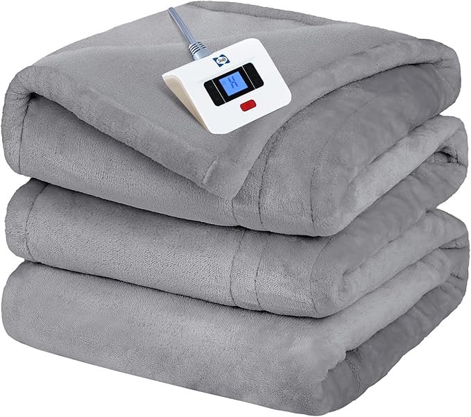 Sealy Electric Blanket Twin Size, Flannel Heated Blanket with 10 Heating Levels & 1-12 Hours Auto Shut Off, Machine Washable, Light Grey, 62 x 84 Inch