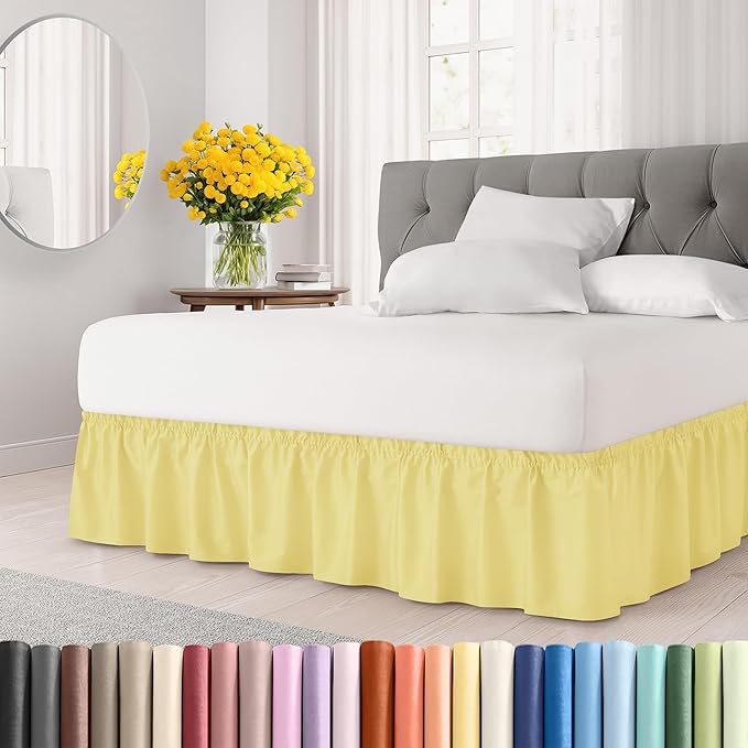 Wrap Around Dust Ruffle Bed Skirt - Yellow - Twin/Twin XL Size Beds with 15 Inch Drop - Easy Fit Elastic Strap - Adjustable Pleated Bedskirt w/Brushed Fabric - Wrinkle Free - Women, Men, Kids & Teens