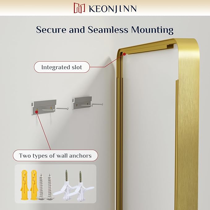 Keonjinn Gold Bathroom Mirrors for Wall 42” x 20” Large Rounded Rectangle Gold Vanity Mirror, Brushed Brass Mirror with Metal Frame, HD Tempered Glass, Decorative Farmhouse Mirror(Horizontal/Vertical)