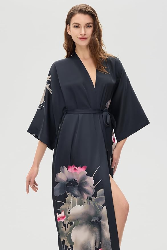 PRODESIGN Kimono Robe for Women - Long Satin Sleepwear Silky Kimono Cover-Up Nightgown Japanese Bathrobe Loungewear Blouse